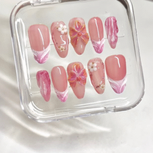 Handmade Pink & Purple Floral Press-On Nails – French Tip Design, Long Coffin Shape, Reusable