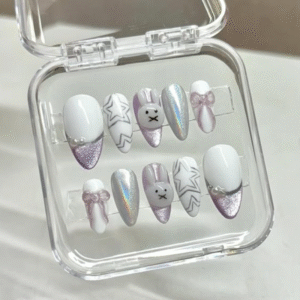 White and grey press-on nails with purple marble design, almond shape – set of 10 in transparent case