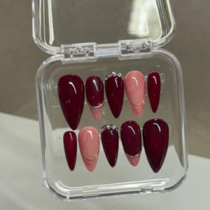 Red to burgundy ombre press-on nails, almond shape – set of 10 in transparent case